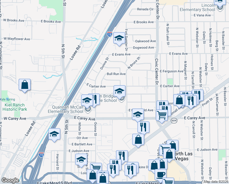 map of restaurants, bars, coffee shops, grocery stores, and more near 1108 Putnam Avenue in North Las Vegas