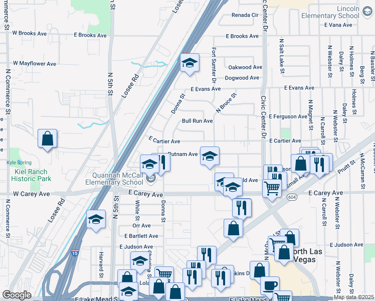 map of restaurants, bars, coffee shops, grocery stores, and more near 2500 Donna Street in North Las Vegas