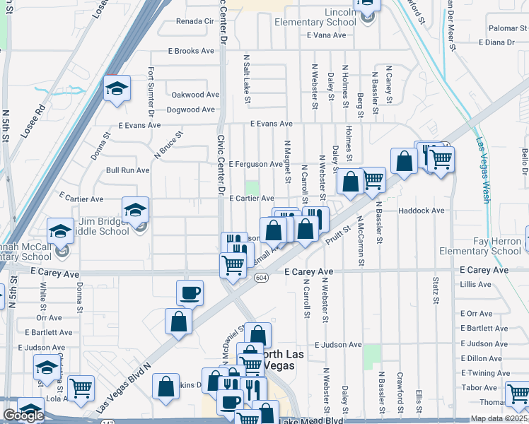 map of restaurants, bars, coffee shops, grocery stores, and more near 2517 North Arrowhead Street in North Las Vegas