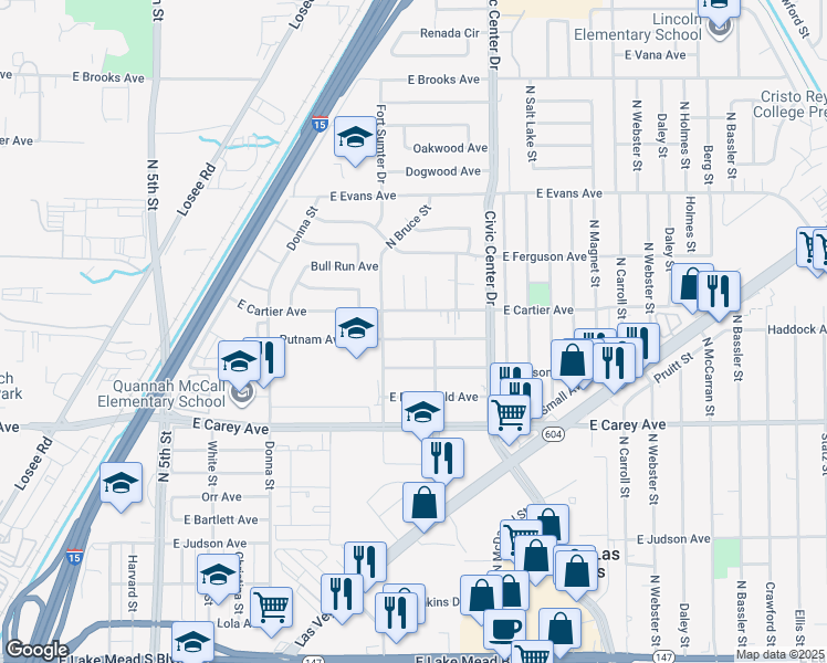 map of restaurants, bars, coffee shops, grocery stores, and more near 1417 Putnam Avenue in North Las Vegas