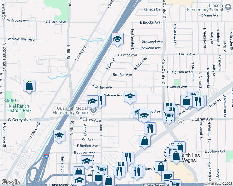 map of restaurants, bars, coffee shops, grocery stores, and more near 2500 Donna Street in North Las Vegas