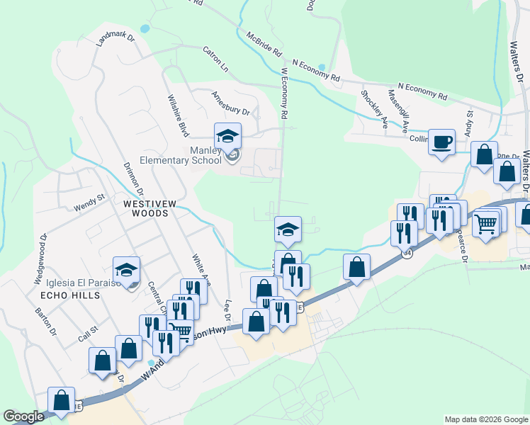 map of restaurants, bars, coffee shops, grocery stores, and more near 501 West Economy Road in Morristown