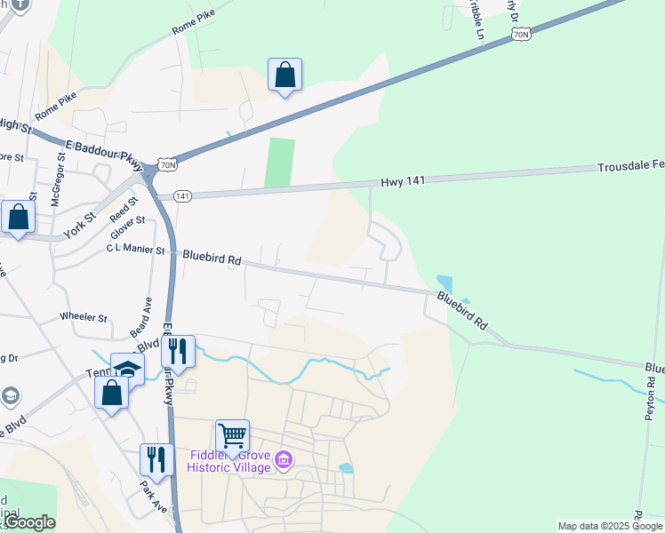 map of restaurants, bars, coffee shops, grocery stores, and more near 1200 Bluebird Road in Lebanon