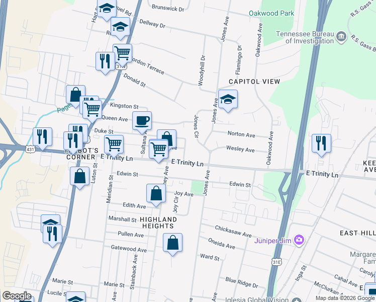 map of restaurants, bars, coffee shops, grocery stores, and more near 411 East Trinity Lane in Nashville