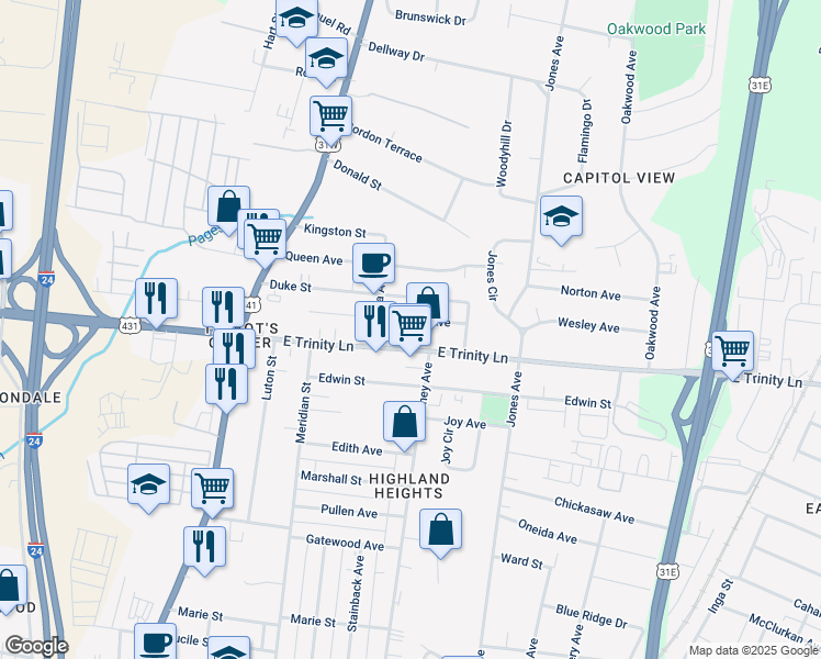 map of restaurants, bars, coffee shops, grocery stores, and more near 401 East Trinity Lane in Nashville