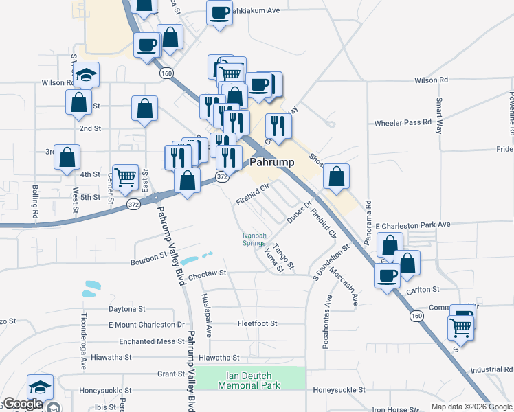 map of restaurants, bars, coffee shops, grocery stores, and more near 971 Delaware Street in Pahrump