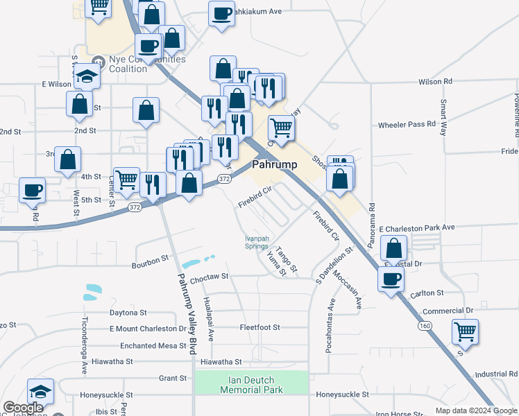 map of restaurants, bars, coffee shops, grocery stores, and more near 880 Cherokee Street in Pahrump
