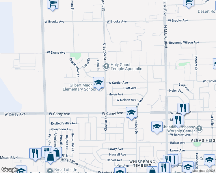 map of restaurants, bars, coffee shops, grocery stores, and more near 2548 Clayton Street in North Las Vegas