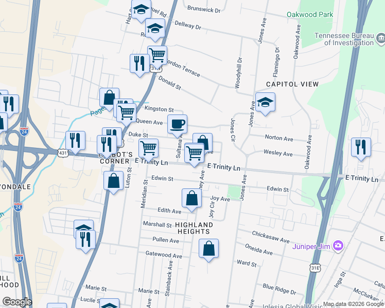 map of restaurants, bars, coffee shops, grocery stores, and more near 401 East Trinity Lane in Nashville