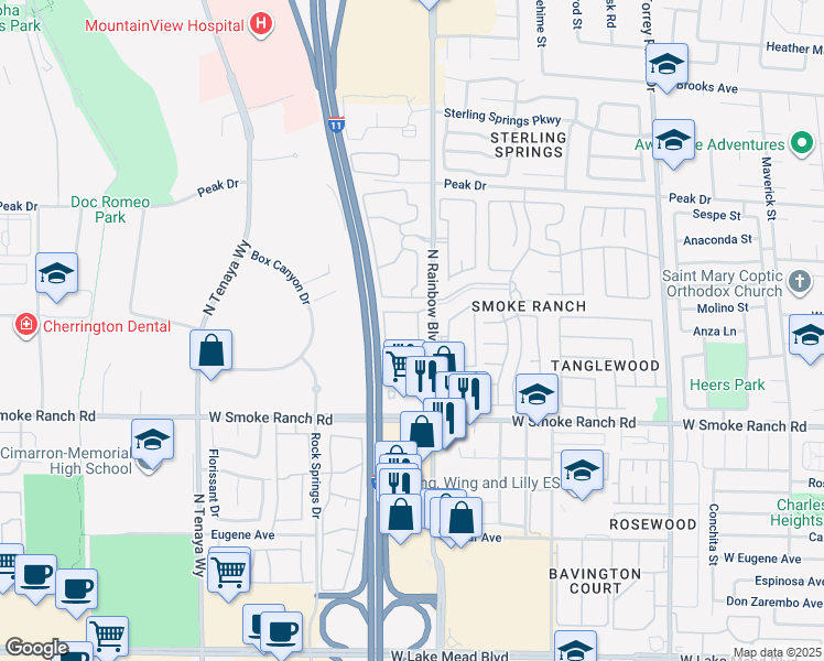 map of restaurants, bars, coffee shops, grocery stores, and more near 2451 North Rainbow Boulevard in Las Vegas