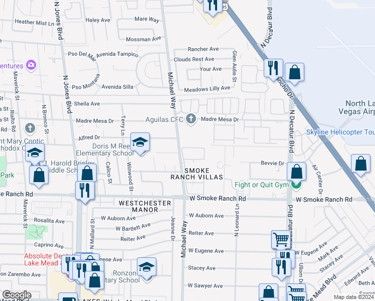 map of restaurants, bars, coffee shops, grocery stores, and more near 5449 Bugle Way in Las Vegas