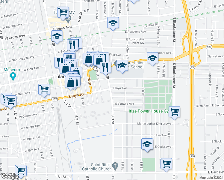 map of restaurants, bars, coffee shops, grocery stores, and more near 316 South O Street in Tulare