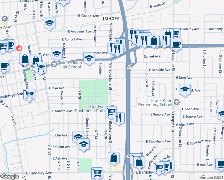 map of restaurants, bars, coffee shops, grocery stores, and more near 340 South Blackstone Street in Tulare