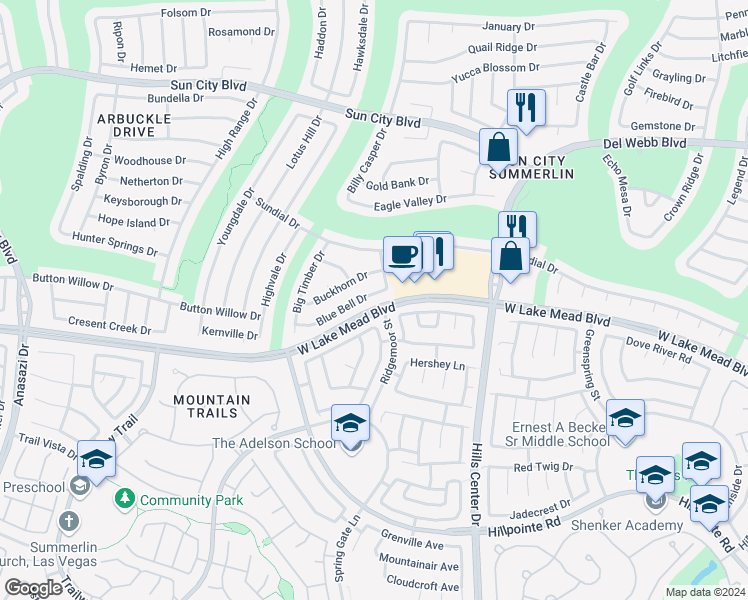 map of restaurants, bars, coffee shops, grocery stores, and more near 9621 Blue Bell Drive in Las Vegas