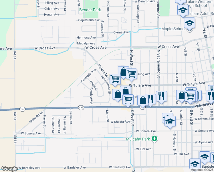 map of restaurants, bars, coffee shops, grocery stores, and more near 244 Yellowstone Street in Tulare