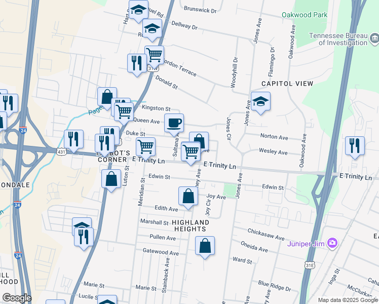 map of restaurants, bars, coffee shops, grocery stores, and more near 308 Prince Avenue in Nashville