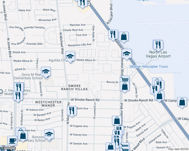 map of restaurants, bars, coffee shops, grocery stores, and more near 5135 Bevvie Drive in Las Vegas