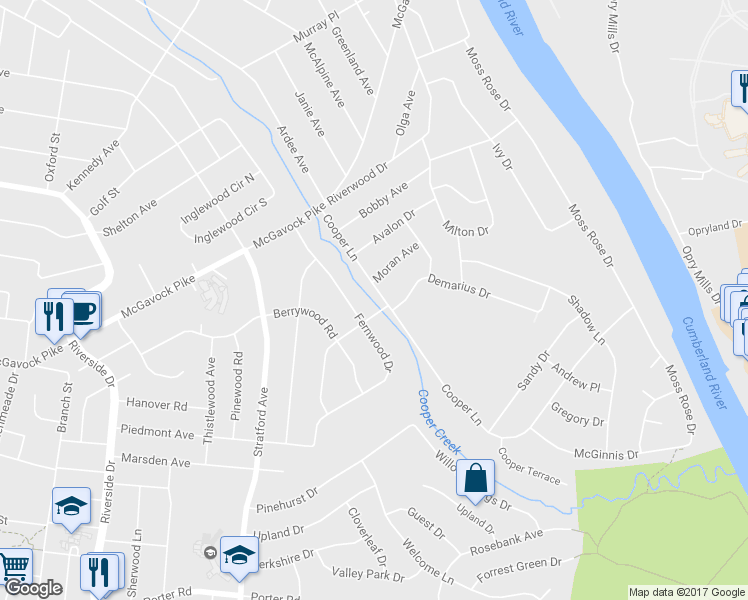 map of restaurants, bars, coffee shops, grocery stores, and more near 2309 Fernwood Drive in Nashville