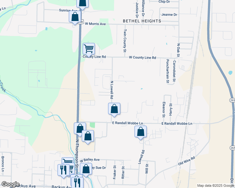 map of restaurants, bars, coffee shops, grocery stores, and more near 2353 Lowell Road in Springdale