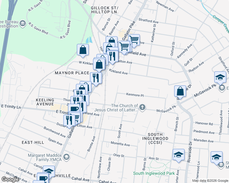 map of restaurants, bars, coffee shops, grocery stores, and more near 1206 Kenmore Place in Nashville