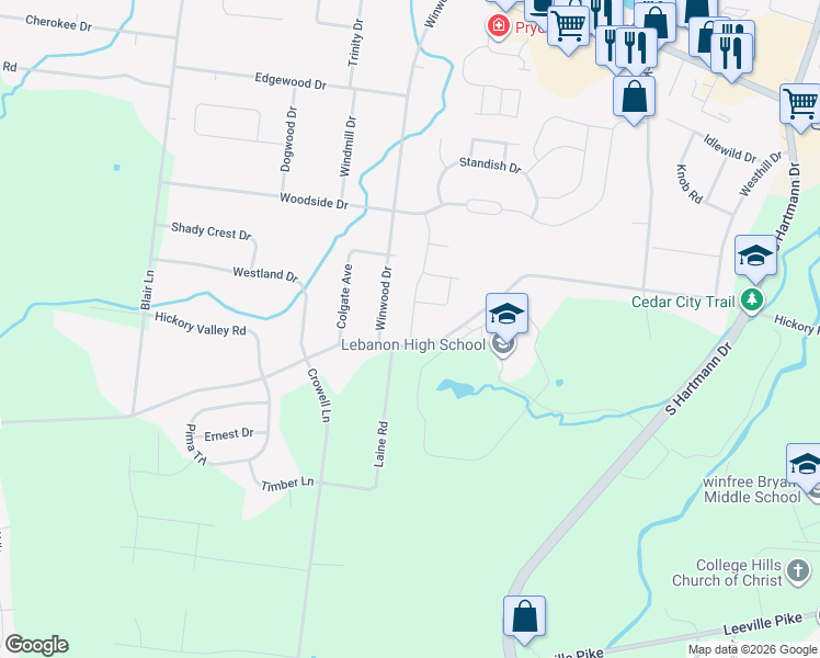 map of restaurants, bars, coffee shops, grocery stores, and more near 2095 Hickory Ridge Road in Lebanon