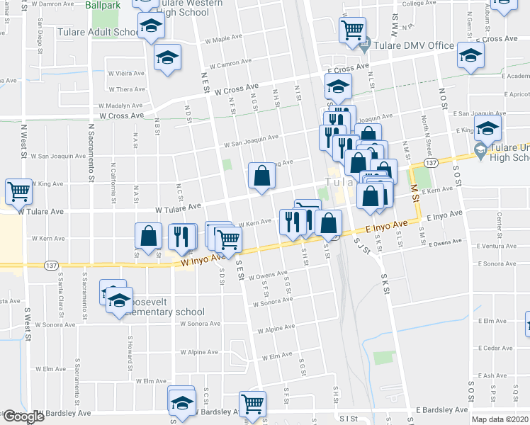 map of restaurants, bars, coffee shops, grocery stores, and more near 147 South G Street in Tulare