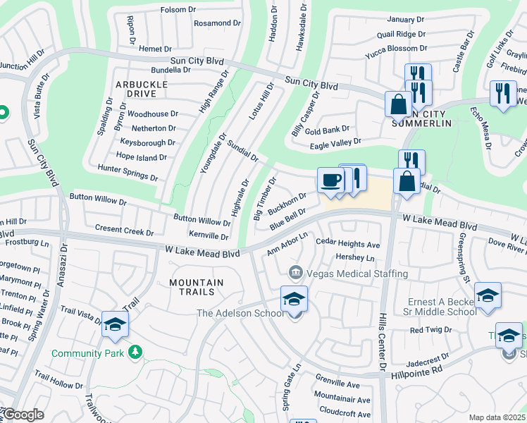 map of restaurants, bars, coffee shops, grocery stores, and more near 2532 Big Timber Drive in Las Vegas