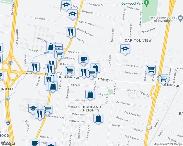 map of restaurants, bars, coffee shops, grocery stores, and more near 308 Prince Avenue in Nashville