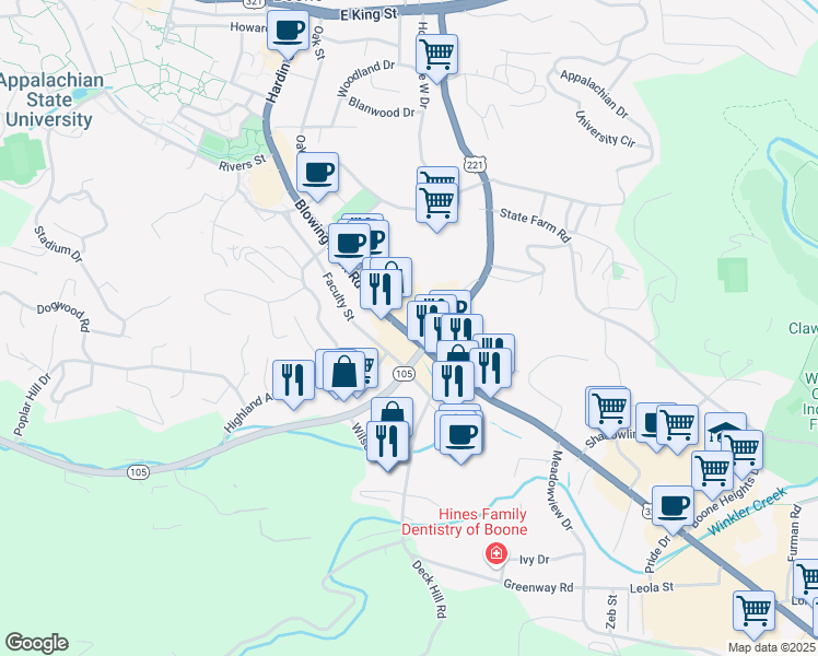 map of restaurants, bars, coffee shops, grocery stores, and more near 949 Blowing Rock Road in Boone