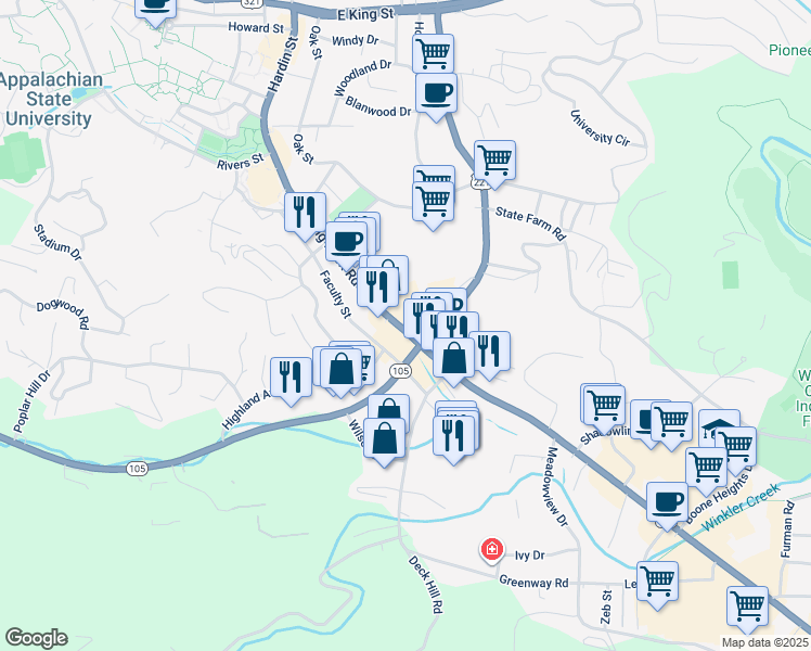 map of restaurants, bars, coffee shops, grocery stores, and more near 949 Blowing Rock Road in Boone