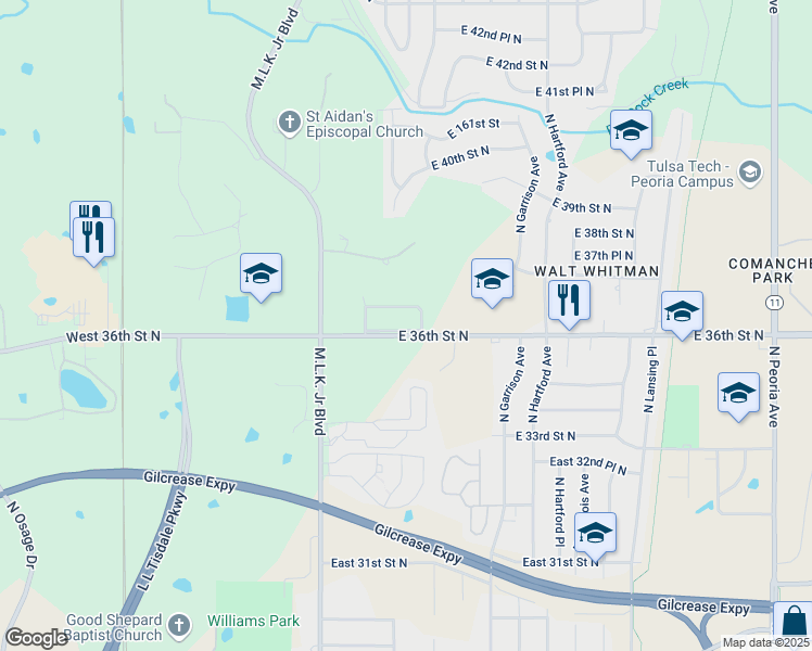 map of restaurants, bars, coffee shops, grocery stores, and more near 337 East 36th Street North in Tulsa