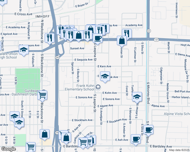 map of restaurants, bars, coffee shops, grocery stores, and more near 450 S Laspina St in Tulare