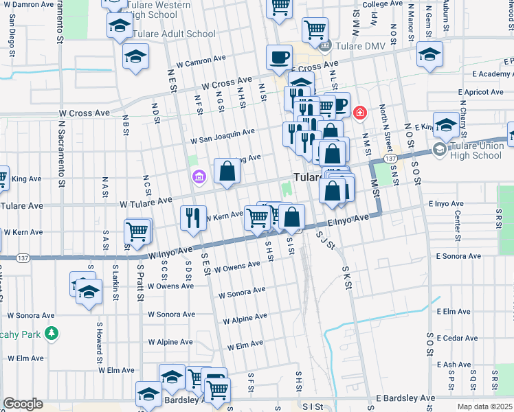map of restaurants, bars, coffee shops, grocery stores, and more near 161 South H Street in Tulare