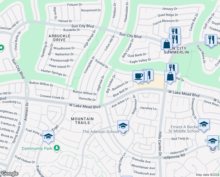 map of restaurants, bars, coffee shops, grocery stores, and more near 2532 Big Timber Drive in Las Vegas