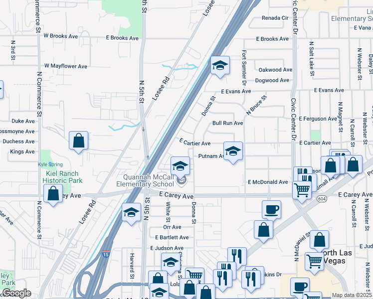 map of restaurants, bars, coffee shops, grocery stores, and more near 2525 Donna Street in North Las Vegas