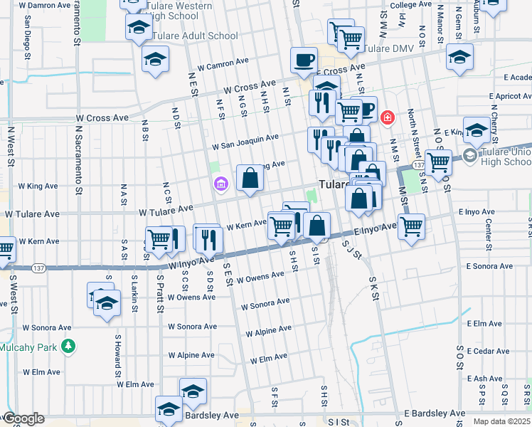 map of restaurants, bars, coffee shops, grocery stores, and more near 228 West Kern Avenue in Tulare