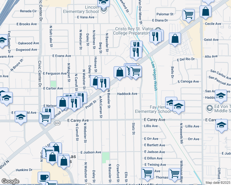 map of restaurants, bars, coffee shops, grocery stores, and more near 2556 North Crawford Street in North Las Vegas