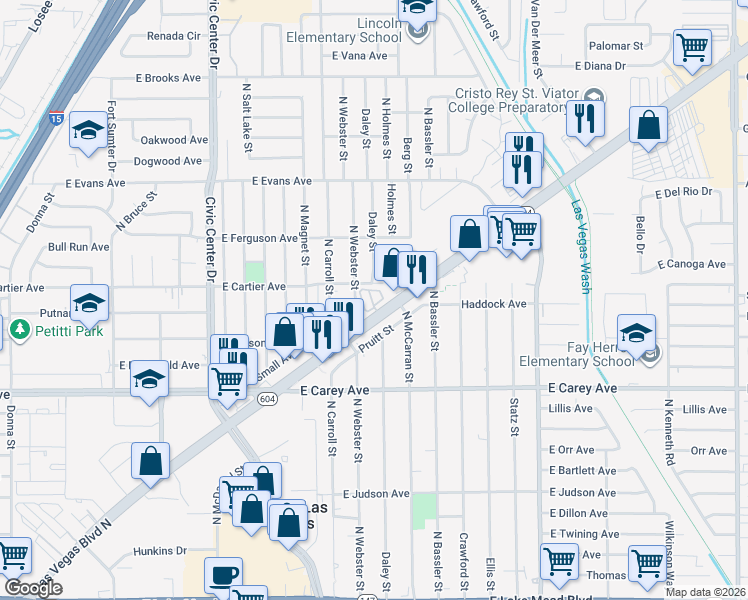 map of restaurants, bars, coffee shops, grocery stores, and more near 2600 North Webster Street in North Las Vegas