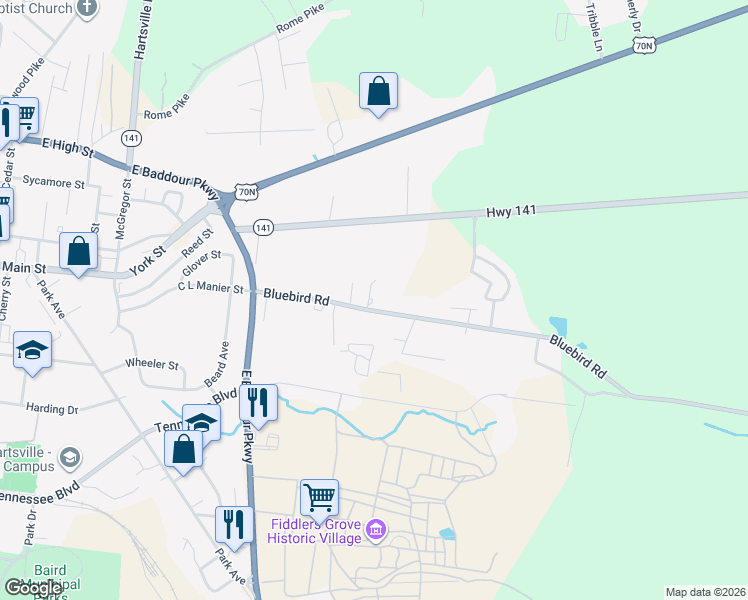 map of restaurants, bars, coffee shops, grocery stores, and more near 1015 Bluebird Road in Lebanon