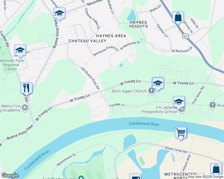 map of restaurants, bars, coffee shops, grocery stores, and more near 923 West Trinity Lane in Nashville
