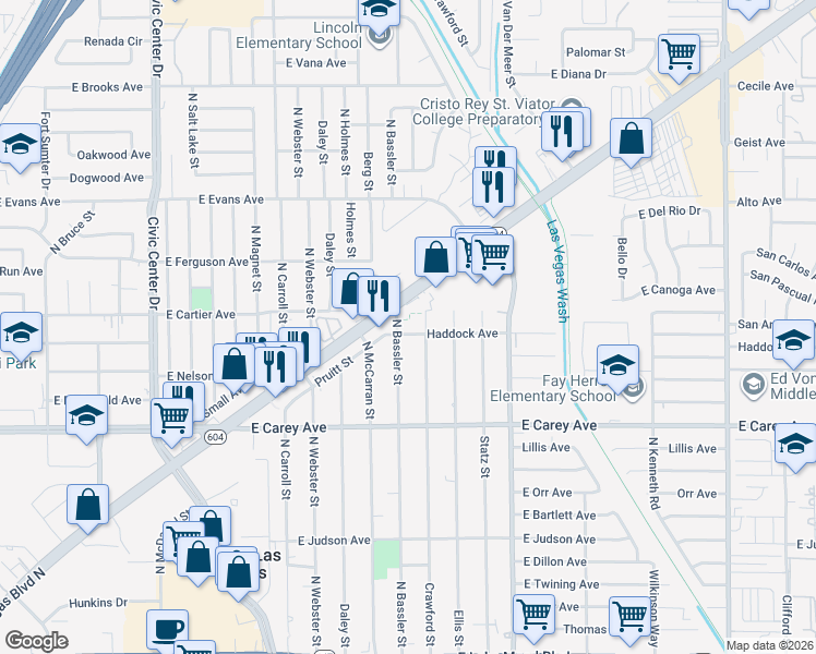 map of restaurants, bars, coffee shops, grocery stores, and more near 2600 Bassler Street in North Las Vegas