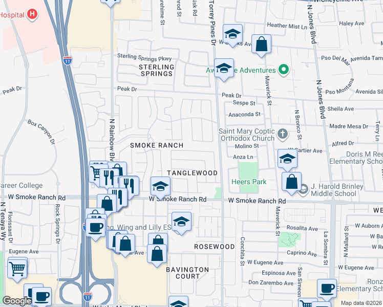 map of restaurants, bars, coffee shops, grocery stores, and more near 6529 Bradford Lane in Las Vegas