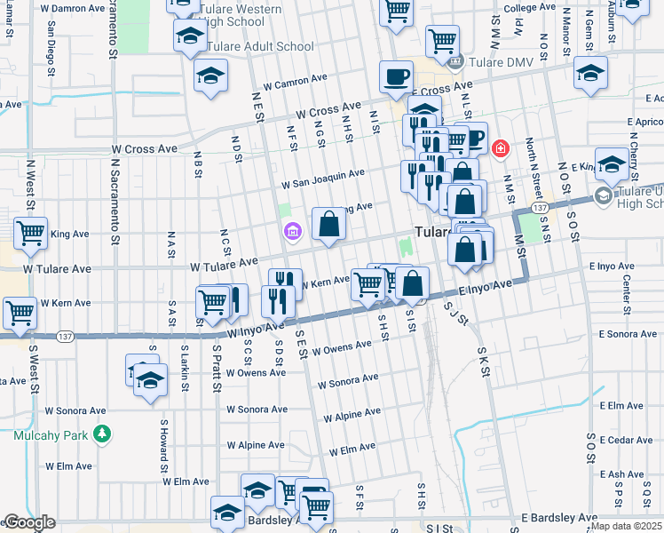 map of restaurants, bars, coffee shops, grocery stores, and more near 139 South G Street in Tulare