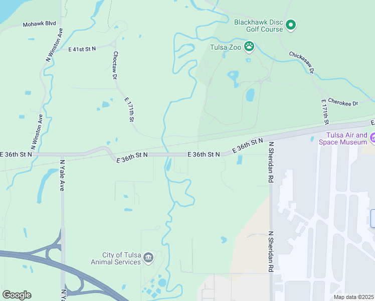 map of restaurants, bars, coffee shops, grocery stores, and more near 5603 East 36th Street North in Tulsa