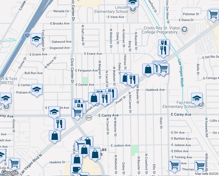map of restaurants, bars, coffee shops, grocery stores, and more near 2601 North Carroll Street in North Las Vegas