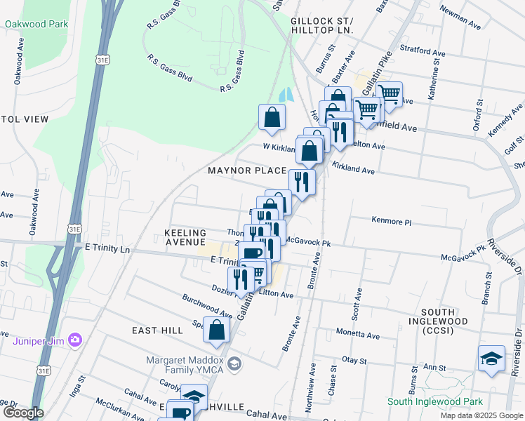 map of restaurants, bars, coffee shops, grocery stores, and more near 1015B Elvira Avenue in Nashville