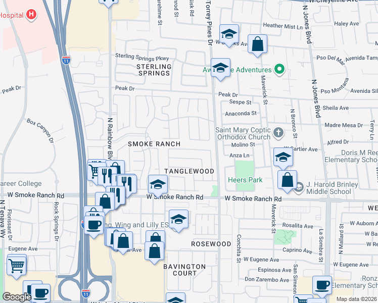 map of restaurants, bars, coffee shops, grocery stores, and more near 6529 Bradford Lane in Las Vegas