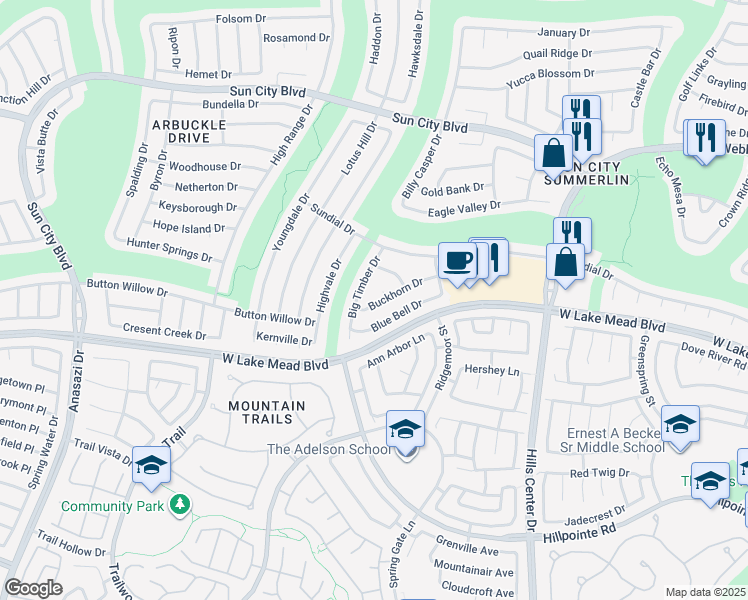 map of restaurants, bars, coffee shops, grocery stores, and more near 2553 Big Timber Drive in Las Vegas