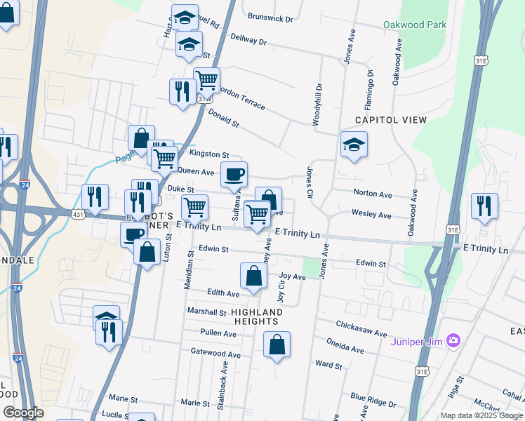 map of restaurants, bars, coffee shops, grocery stores, and more near 318A Duke Street in Nashville