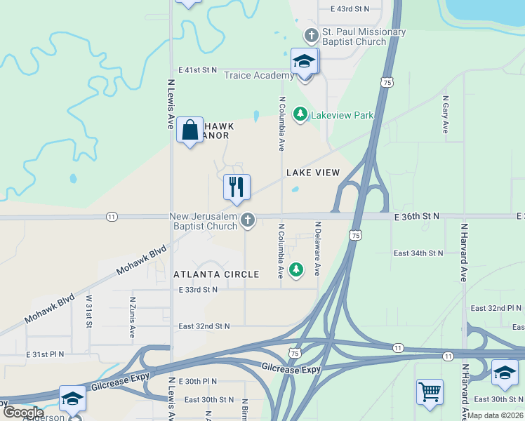 map of restaurants, bars, coffee shops, grocery stores, and more near 2623 East 36th Street North in Tulsa